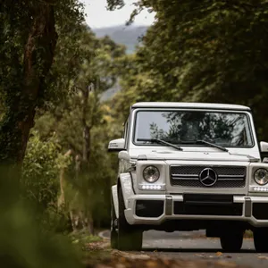 White Mercedes G Wagon Forest Road Wallpaper
