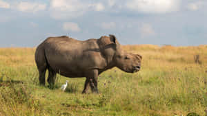 White Rhinoceros With Bird Companion Wallpaper