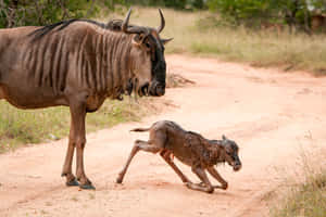 Wildebeest_ Adult_and_ Newborn_ Running Wallpaper