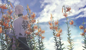 Wind Swept Sanemi Among Flowers Wallpaper