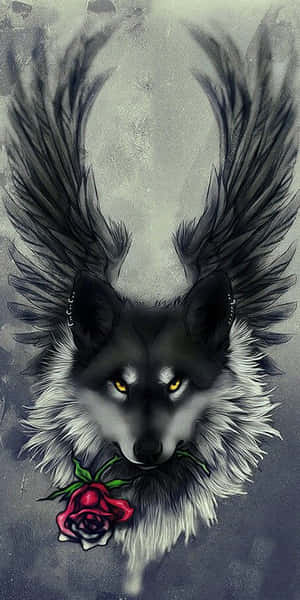 Winged Wolf Rose Portrait Wallpaper