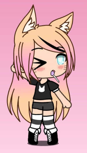 Winking Pink Gacha Girl Lollipop Wallpaper