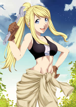 Winry Rockbell Smiling Enthusiastically With Wrench In Hand Wallpaper