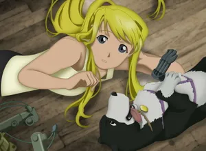 Winry Rockbell Smiling In Front Of A Mechanical Workshop Wallpaper