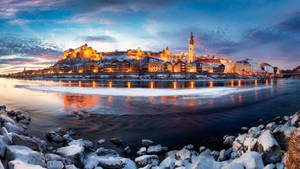 Winter Aesthetic River Town Wallpaper