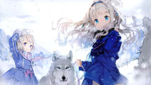 Winter Anime Scene With Girls And Wolf Wallpaper