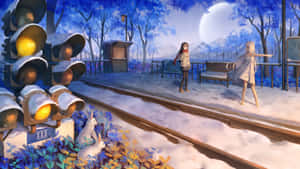 Winter Anime Train Station Wallpaper