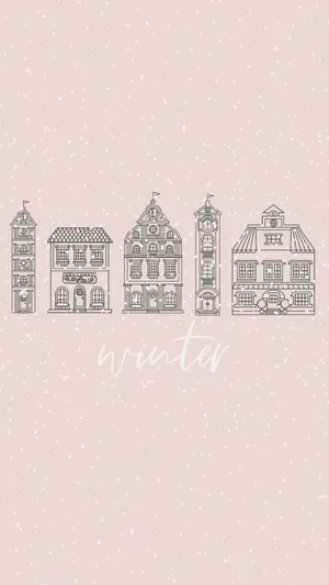 Winter City Buildings On A Pink Background Wallpaper