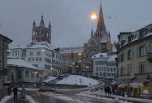 Winter Evening La Cite La Sallaz La Sauvabelin La Vallee De Joux La Ville Morges Pully Renens Lausanne Switzerland Wallpaper