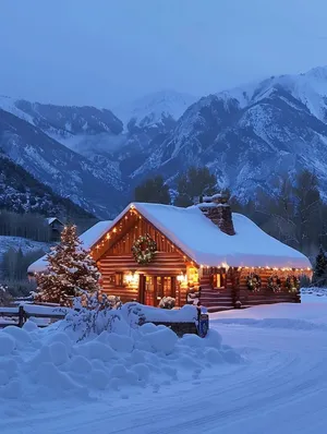 Winter Evening Log Cabin Christmas Lights Wallpaper