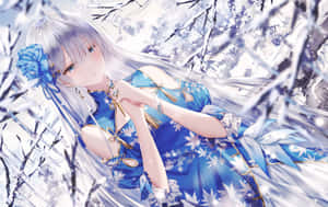 Winter_ Fantasy_ Anime_ Girl_in_ Blue_ Dress Wallpaper