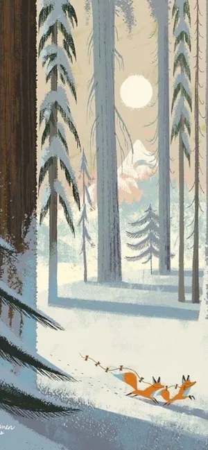 Winter Foxes In Snowy Forest Illustration Wallpaper