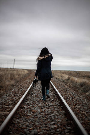 Winter Girl Alone Railway Wallpaper