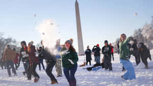 Winter Snowball Fight Washington Monument Wallpaper