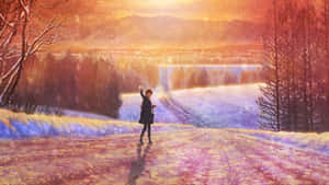 Winter Sunset Anime Scene Wallpaper