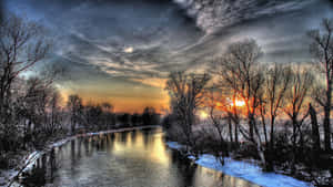 Winter Sunset River Glow4 K Wallpaper