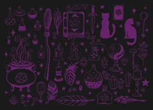 Witchcraft_ Symbols_and_ Tools_ Purple_ Background Wallpaper
