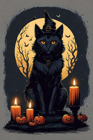 Witchy Black Cat Halloween Moon Wallpaper