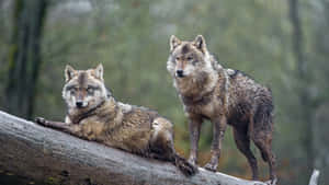 Wolves_ Resting_on_ Log_in_ Rain Wallpaper