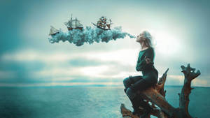 Woman Blowing Sailing Ships Wallpaper