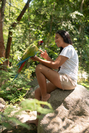 Woman With Green Parrot Hd Wallpaper