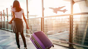 Woman With Purple Suitcase At Airport Wallpaper