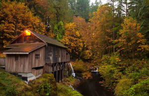 Wood House Beside The Stream Wallpaper