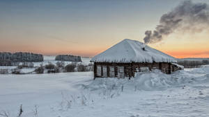 Wood House On Snow Wallpaper