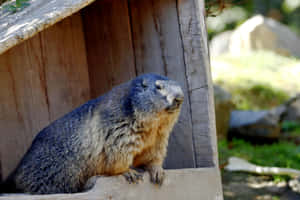 Woodchuck Peeking Out From Wooden House.jpg Wallpaper