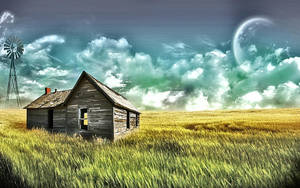 Wooden House On Grass Fields Wallpaper