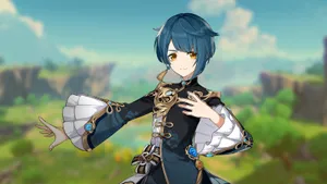 Xingqiu From Genshin Impact In Action Against A Vibrant Backdrop Wallpaper