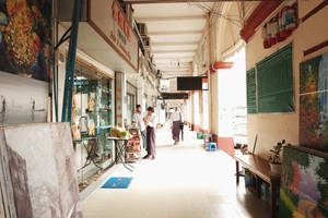 Yangon City Building Covered Walkway Wallpaper