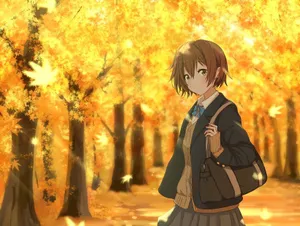 Yellow Fall Anime Girl In Forest Wallpaper