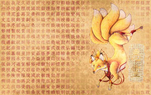 Yellow Kitsune On Japanese Characters Background Wallpaper