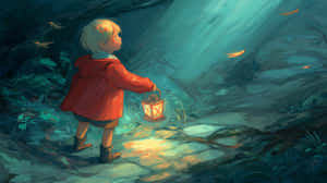 Young Child Exploring Enchanted Forest With A Glowing Lantern Wallpaper