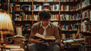 Young Man Readingin Library Wallpaper