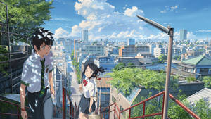 Your Name Mitsuha And Taki On The Staircase Wallpaper