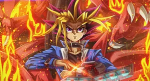 Yu Gi Oh Yugi With Red Dragon And Flames Wallpaper