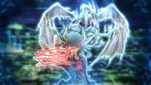 Yusei Fudo In A Dynamic Pose Amidst An Intense Duel Wallpaper