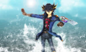 Yusei Fudo Riding His Duel Runner In Action Wallpaper