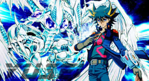 Yusei Fudo Striking A Pose In An Epic Duel Scene Wallpaper