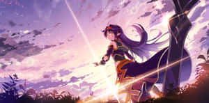 Yuuki Konno Gracefully Posing With Her Sword In A Beautiful Garden Wallpaper