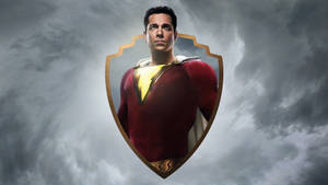 Zachary Levi As Shazam With Dc Logo Wallpaper