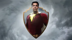 Zachary Levi As Shazam With Dc Logo Wallpaper