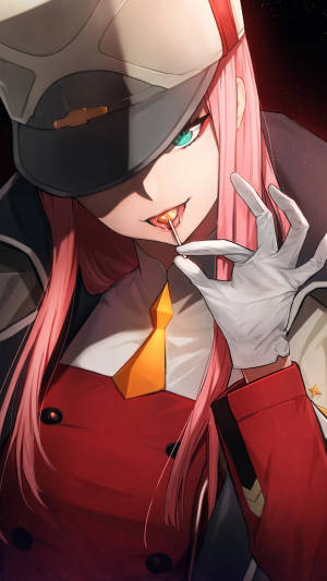 Zero Two Sipping Lollipop Phone Wallpaper